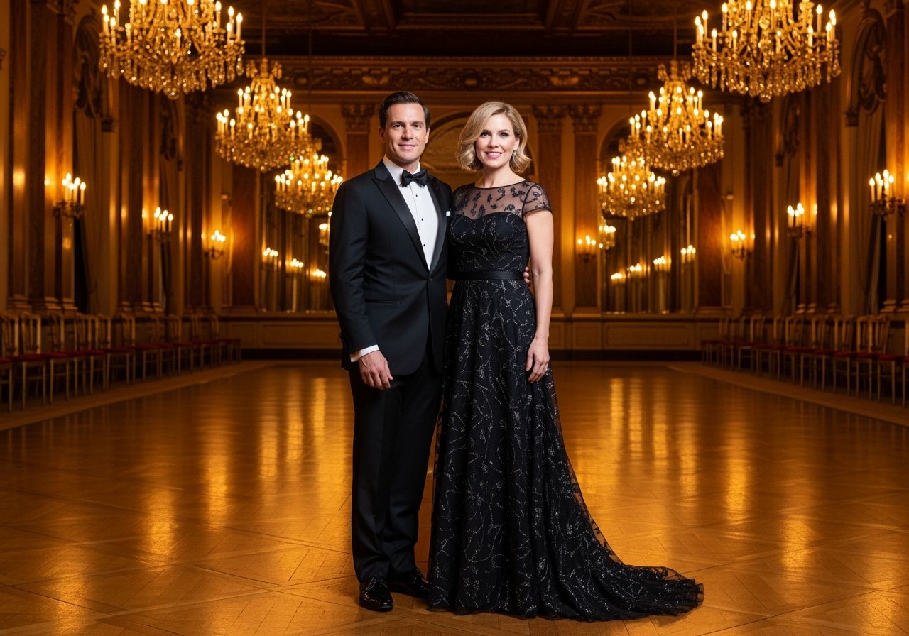 Mężczyzna w smokingu i kobieta w czarnej sukni stoją razem w luksusowej sali balowej.