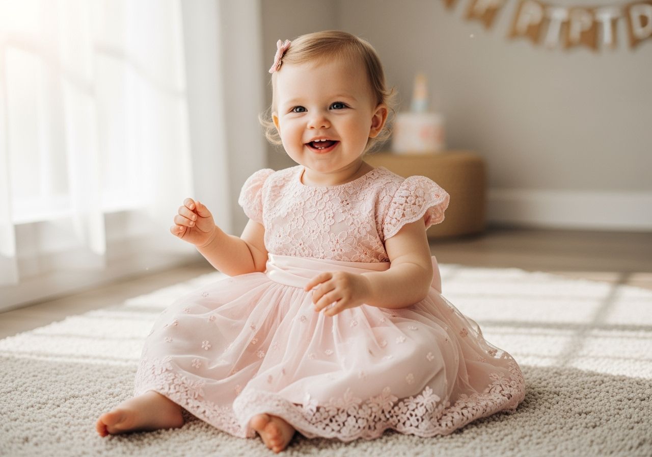 Dziewczynka w różowej sukience siedzi na beżowym dywanie w słonecznym pokoju z dekoracjami urodzinowymi