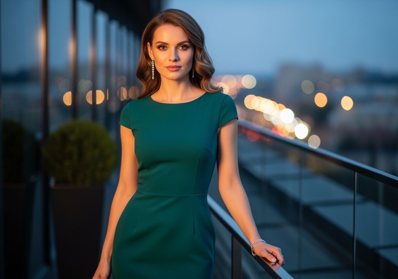 Elegancka kobieta w dopasowanej sukience koktajlowej pozująca w miejskim, stylowym otoczeniu