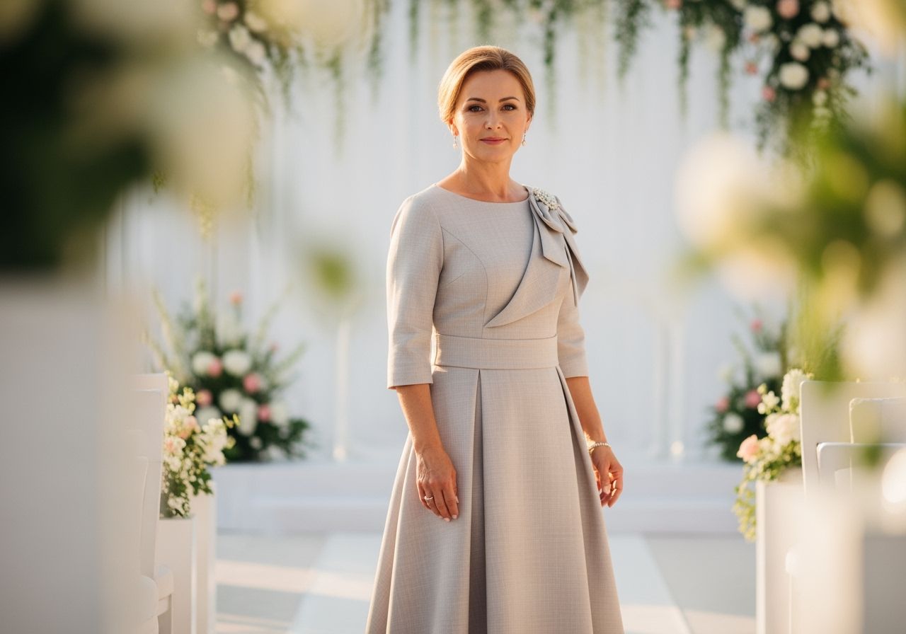 Elegancka kobieta w sukience na wesele stoi w dekorowanym ogrodzie, naturalne światło i klimat lata.