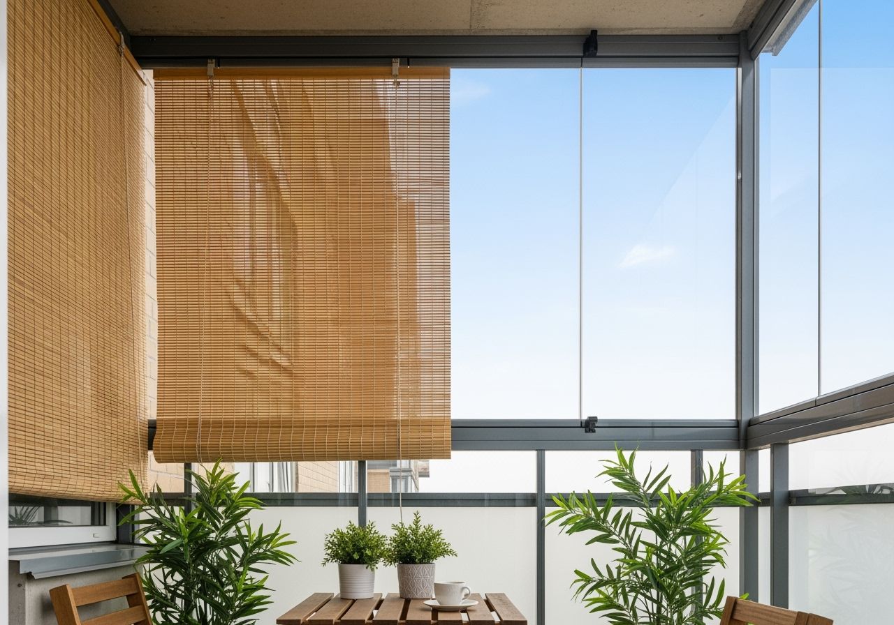 Balkon nowoczesnego mieszkania z przeszklonymi panelami, roletami bambusowymi, stolikiem i roślinami