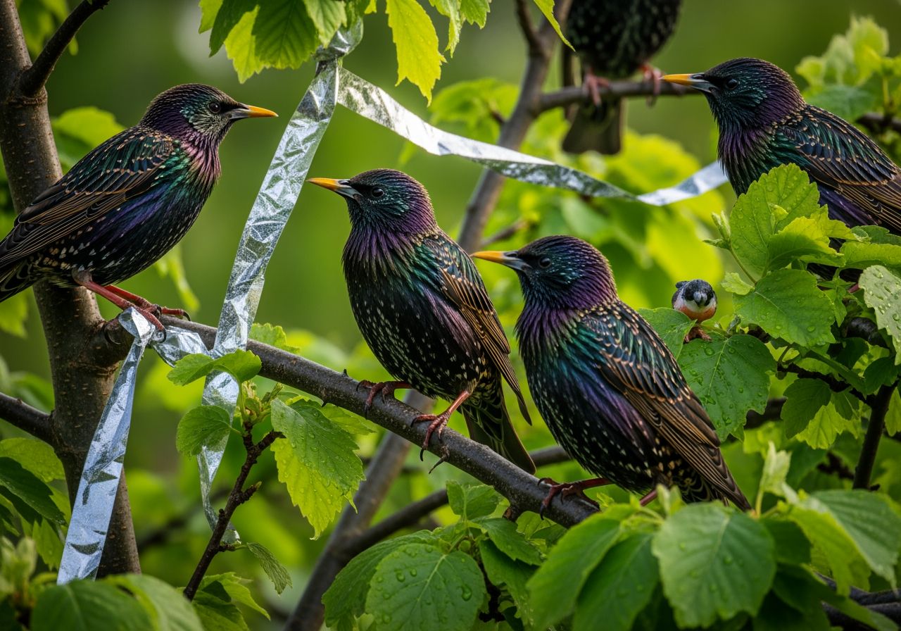 Sroki na gałęziach drzewa z odstraszaczami ptaków w ogrodzie przy porannym świetle naturalnym