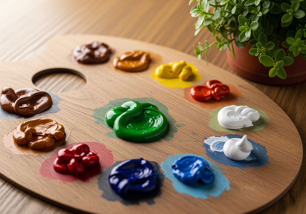 Drewniana paleta malarska z kolorowymi farbami obok zielonej rośliny na drewnianym stole