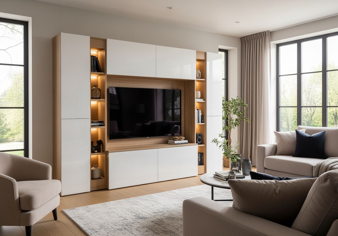 Nowoczesny salon z wbudowaną szafką RTV, dużym telewizorem i minimalistycznym, jasnym wnętrzem.
