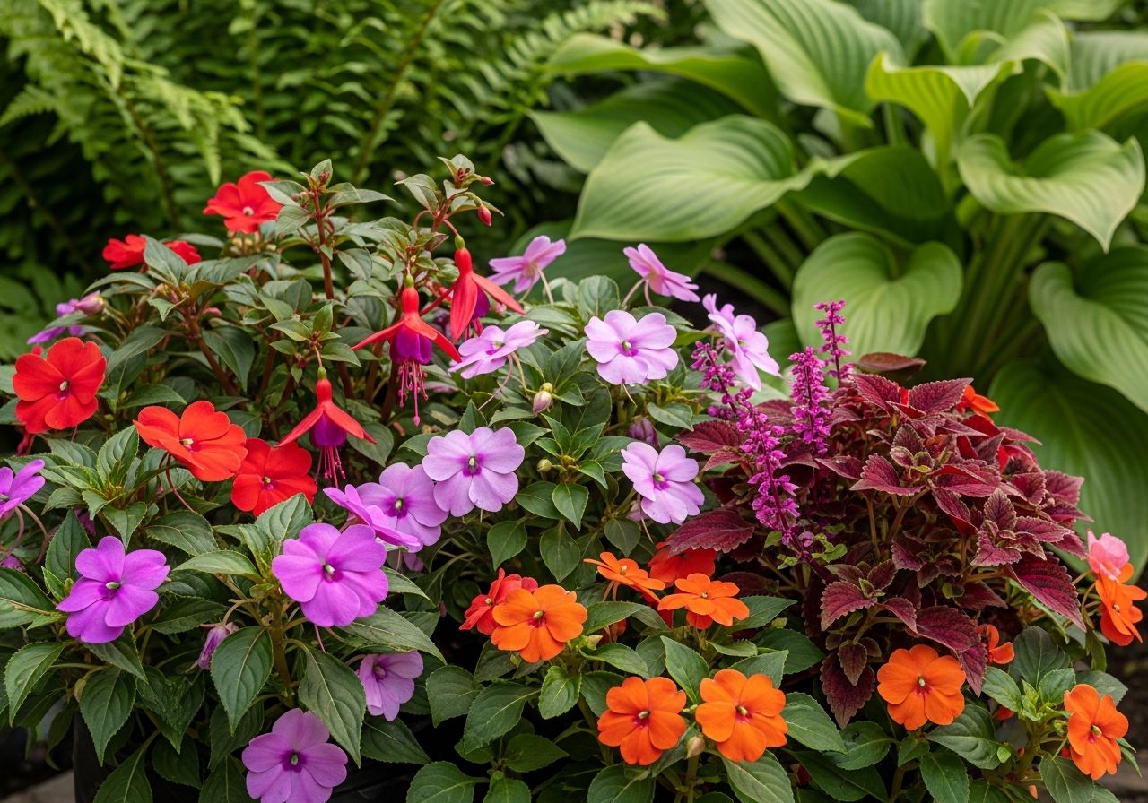 Zbliżenie na zdrowe kwiaty ogrodowe w doniczkach w cienistym, naturalnym otoczeniu z zielonymi liśćmi.