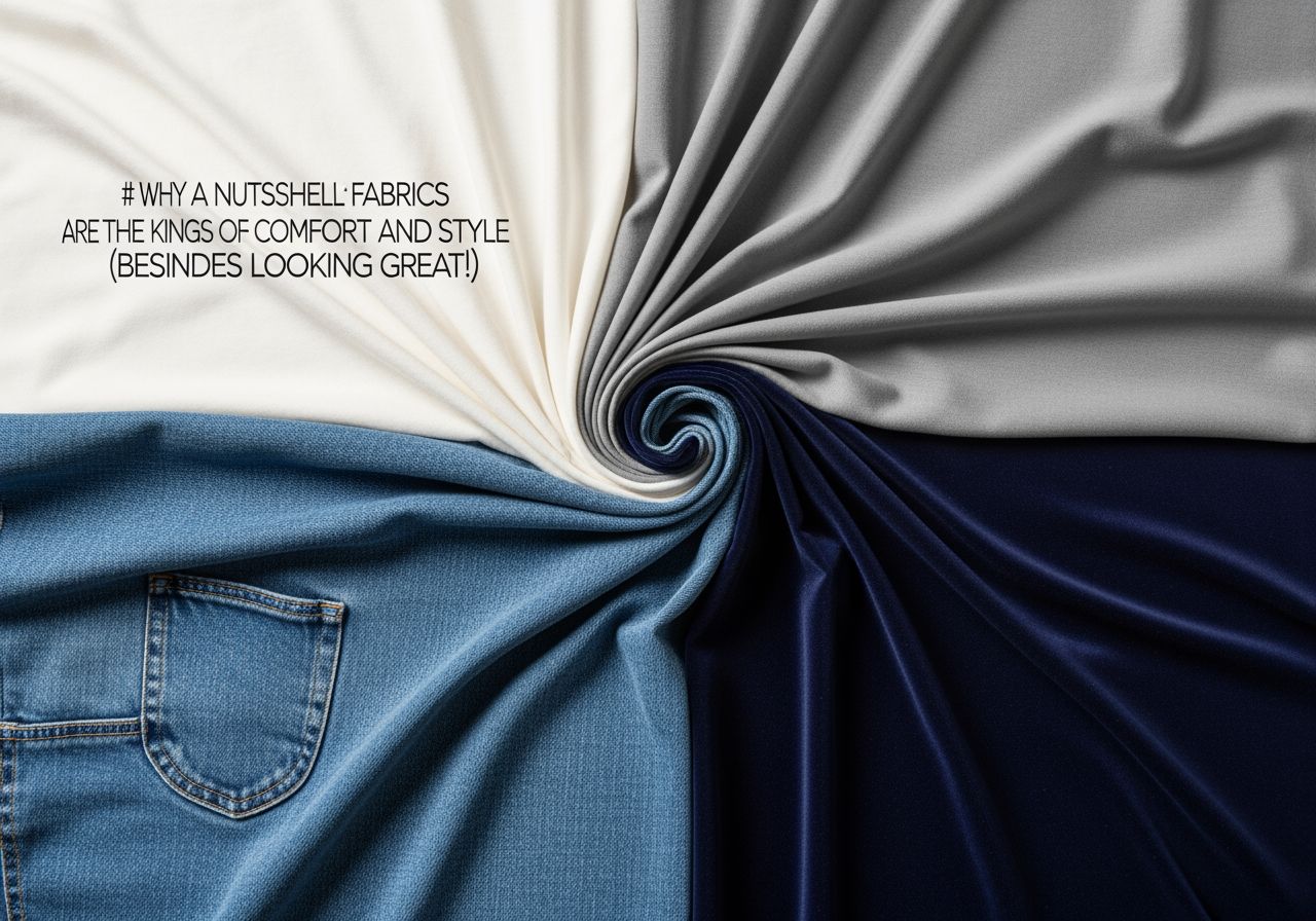 Zbliżenie różnych tkanin: bawełna, len, jedwab, wełna, denim i aksamit ułożonych na drewnie