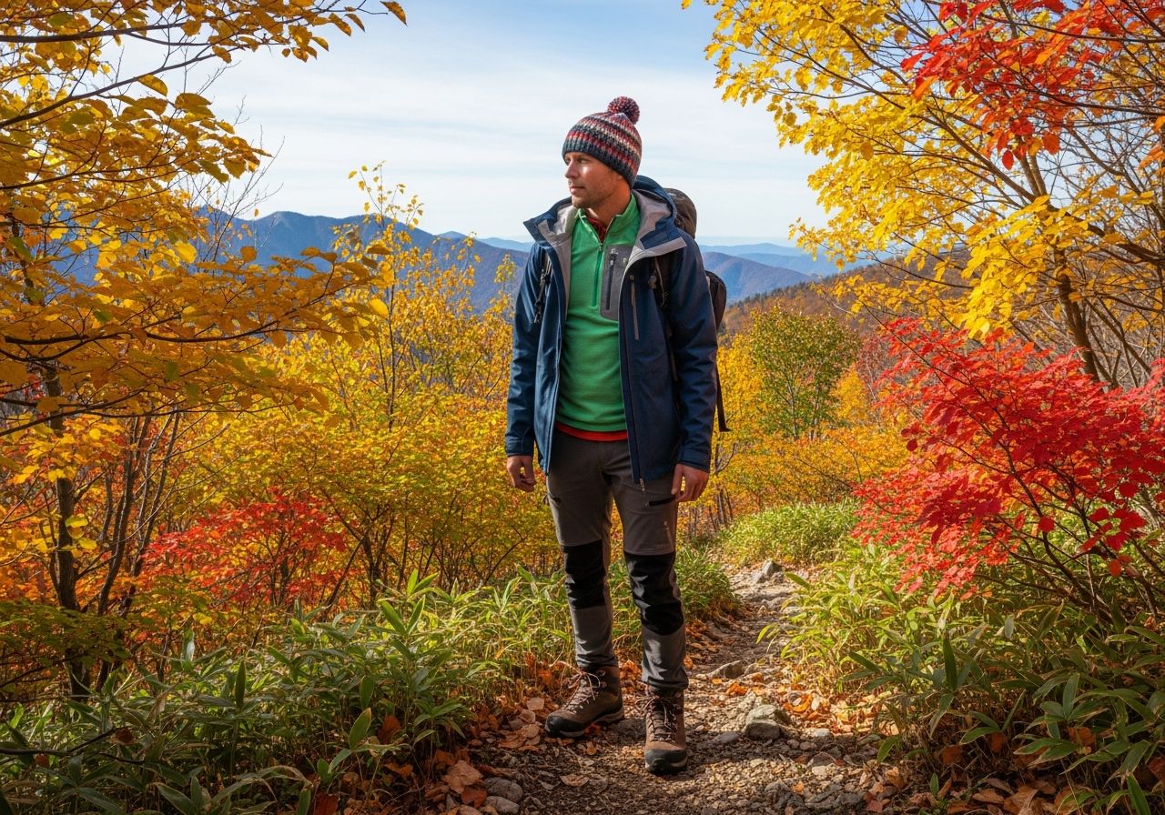 Osoba w odzieży trekkingowej stoi na górskiej ścieżce otoczonej jesiennymi liśćmi i górami w tle