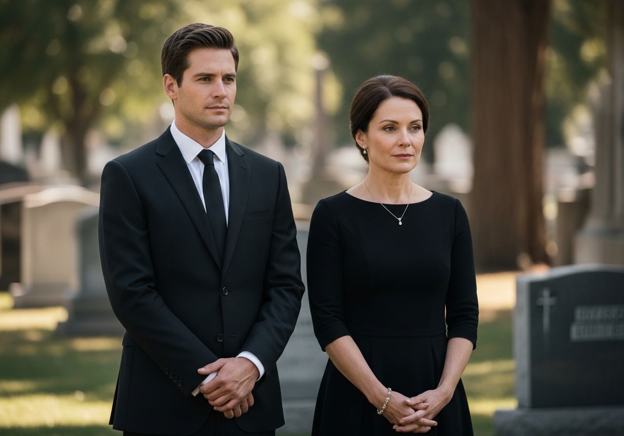 Mężczyzna i kobieta w czerni stojący obok siebie na cmentarzu w ciągu dnia.