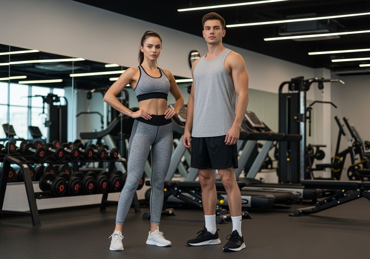 Fit para w nowoczesnym stroju sportowym stoi w jasnej siłowni z wysokiej klasy sprzętem treningowym.