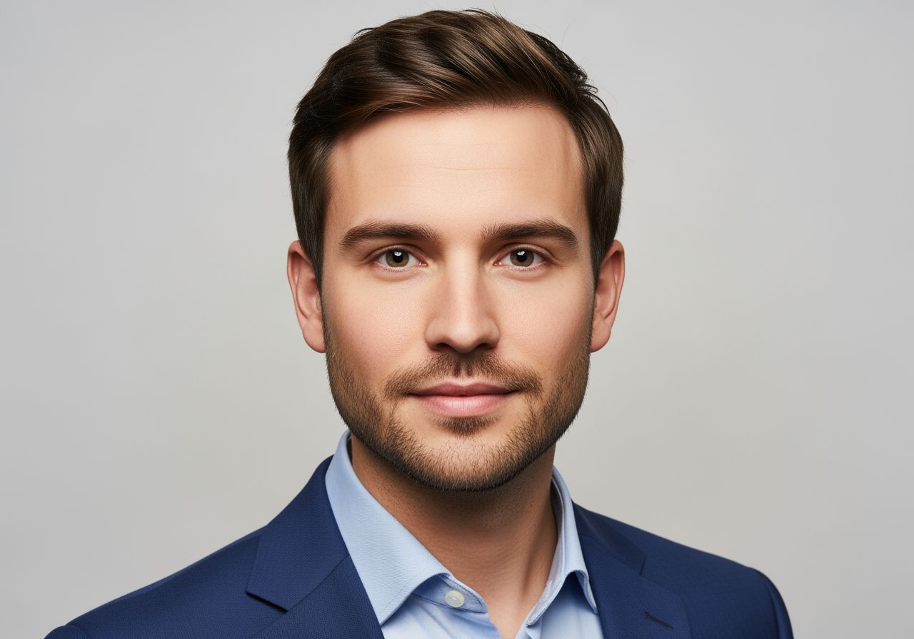 Profesjonalne zdjęcie portretowe osoby w smart casual na jasnym tle, widoczna głowa i ramiona.