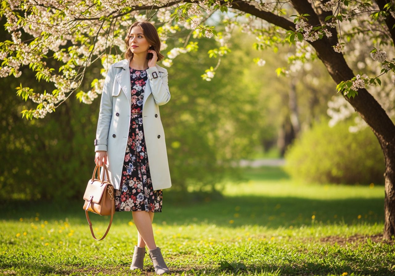 Młoda kobieta w wiosennej stylizacji stoi wśród kwitnących drzew wiśniowych na tle zieleni.