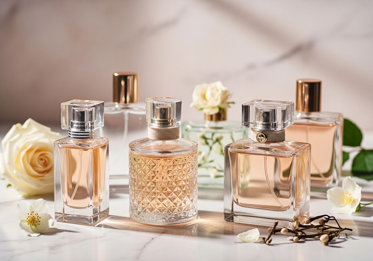 Zbliżenie butelek damskich perfum na marmurowej powierzchni z kwiatami róż i jaśminu w tle