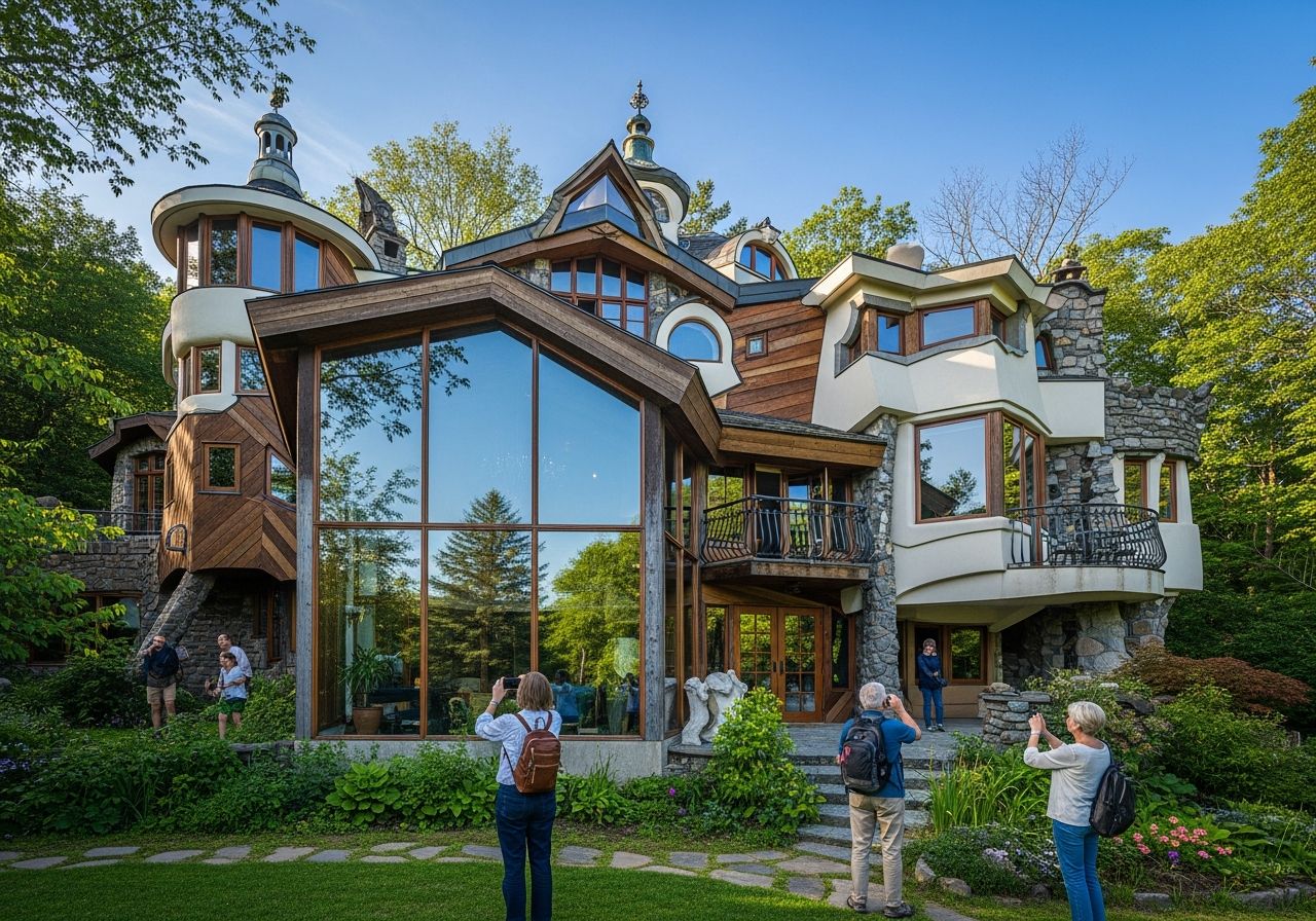 nietypowy dom o nieregularnych kształtach z dużymi oknami wśród zieleni, turyści robią zdjęcia