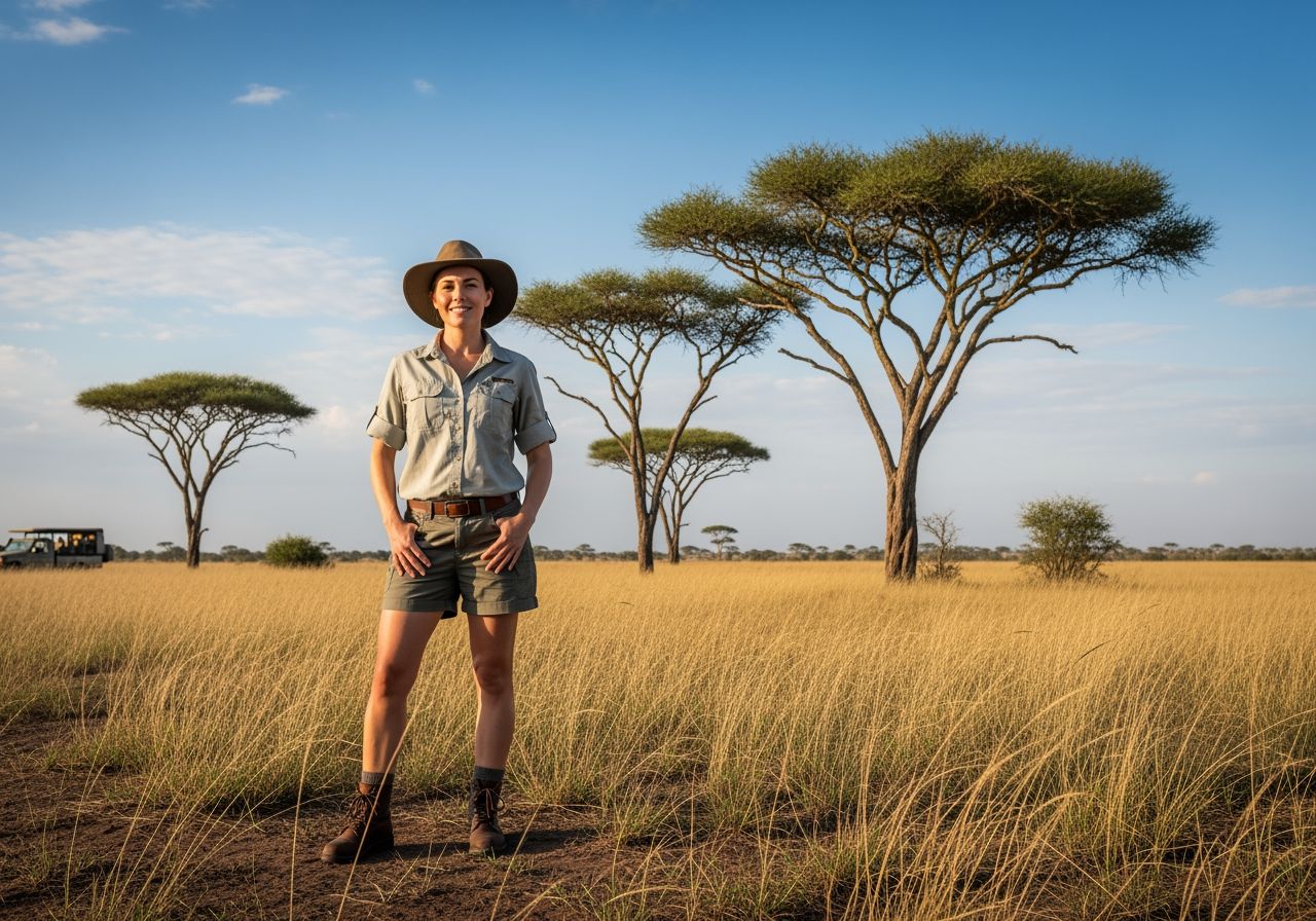 Kobieta turystka w safari ubraniu stoi na sawannie z trawą i akacjami, w tle safari jeep i niebo.