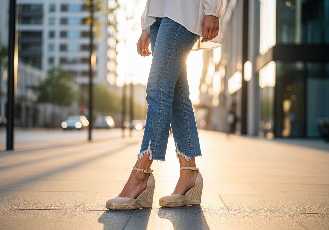Stylowa kobieta w beżowych koturnach, dżinsach 3/4 i białej bluzce na miejskim chodniku o zachodzie słońca