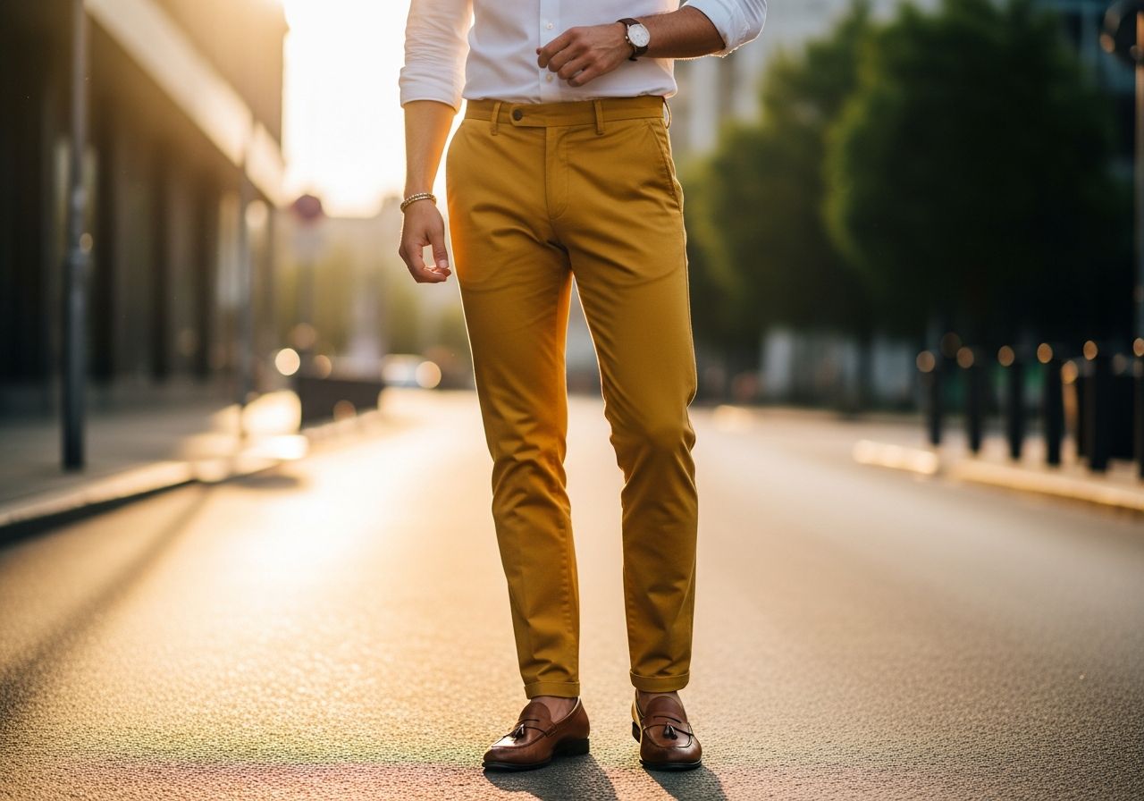 Mężczyzna w musztardowych spodniach i białej koszuli stoi na ulicy miasta o złotej porze dnia.