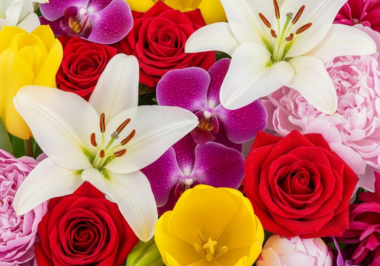 Różnorodne kwiaty ozdobne: róże, lilie, orchidee, tulipany i piwonie w pełnym rozkwicie