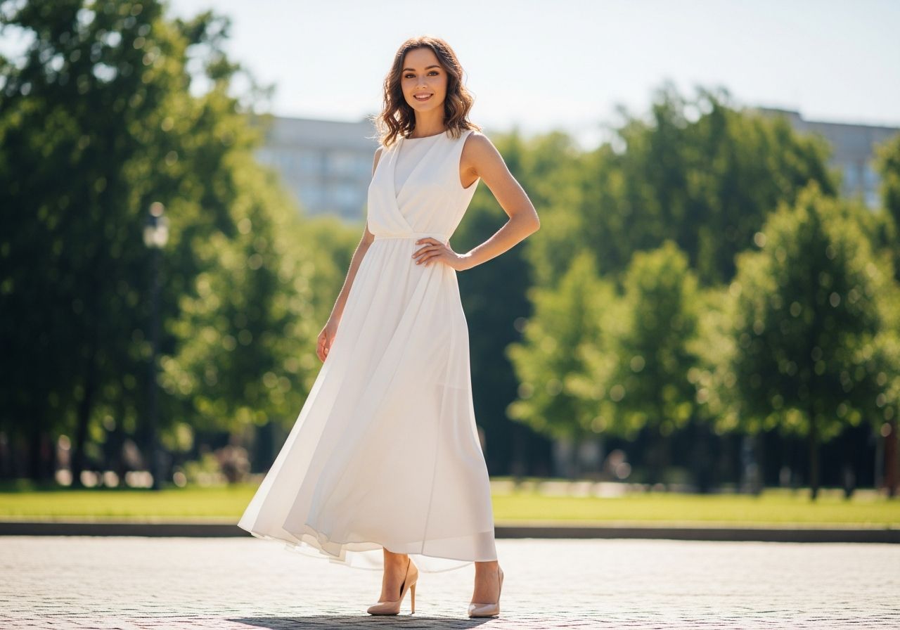 Młoda kobieta na zewnątrz w białej sukience i beżowych szpilkach na tle rozmytego parku miejskiego