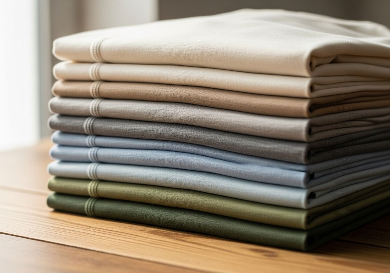 Stos starannie złożonych koszulek w naturalnych kolorach na drewnianym stole z widoczną fakturą tkaniny