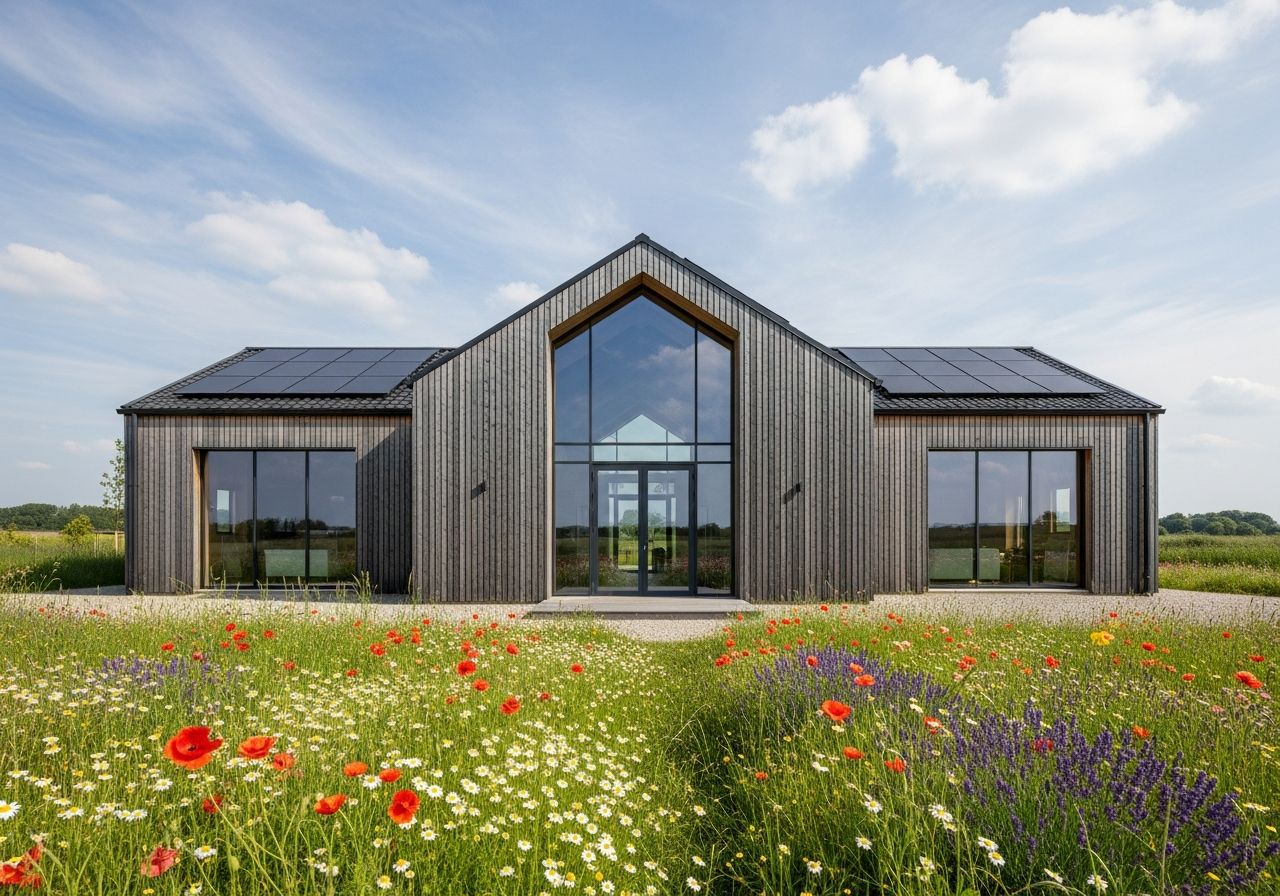 Nowoczesna drewniana stodoła z panelami słonecznymi na dachu, otoczona zielonymi polami i kwiatami.