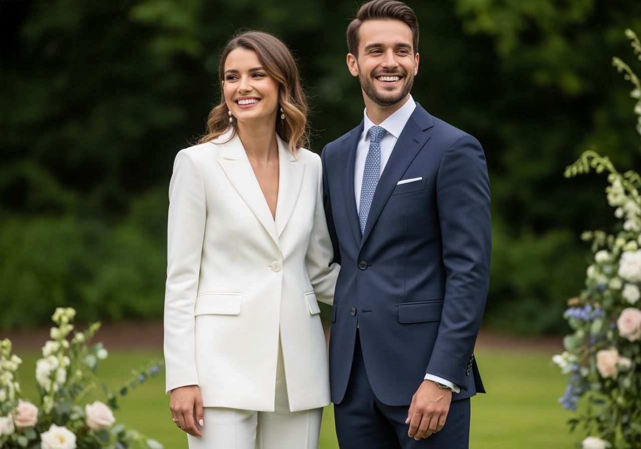 Stylowa para na weselu na zewnątrz, kobieta w garniturze, mężczyzna w nowoczesnym garniturze, uśmiechnięci razem.