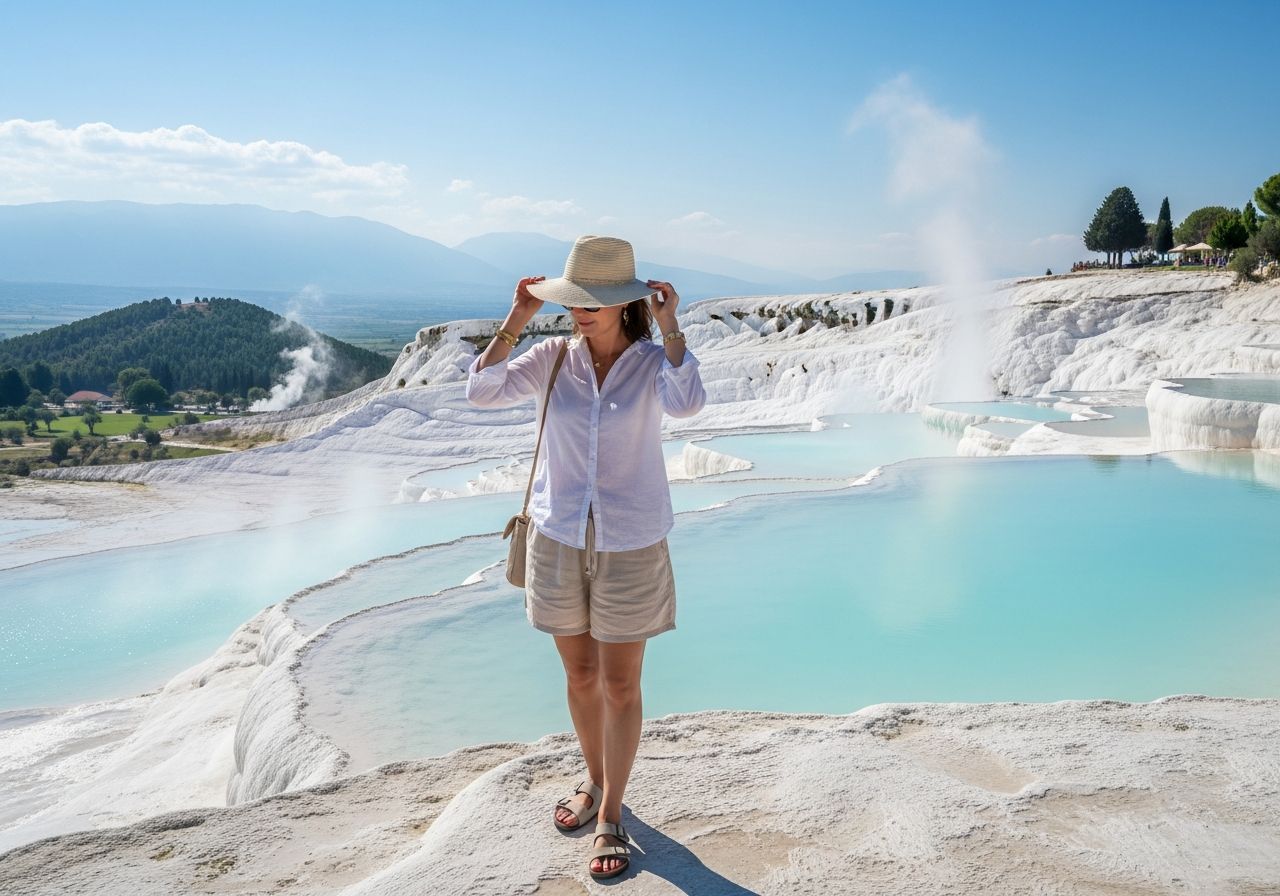 Kobieta w letnim stroju stoi na białych tarasach wapiennych Pamukkale z widokiem na naturalne baseny.