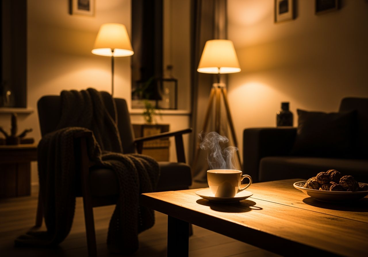 Przytulny salon z kubkiem herbaty na drewnianym stoliku i fotel z kocem w ciepłym świetle lamp.