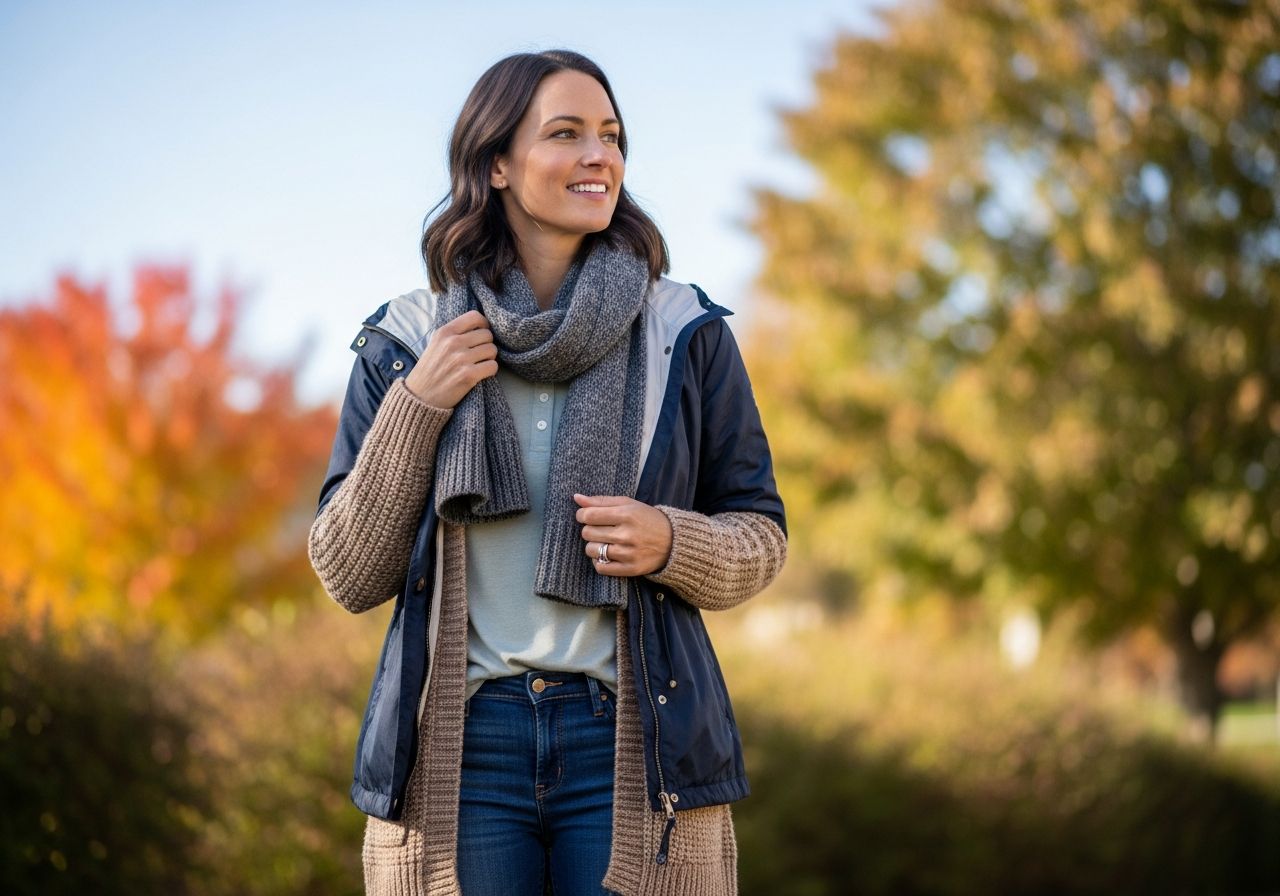Kobieta w warstwowej odzieży stoi na tle jesiennych drzew w naturalnym świetle, zdjęcie w stylu candid.