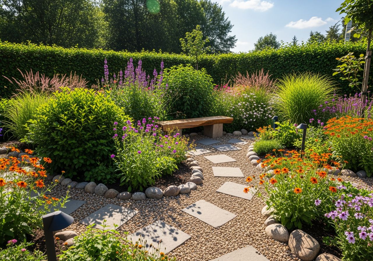 Nowoczesny ogród ekologiczny bez trawnika z rodzimymi roślinami, kamiennymi ścieżkami i drewnianą ławką