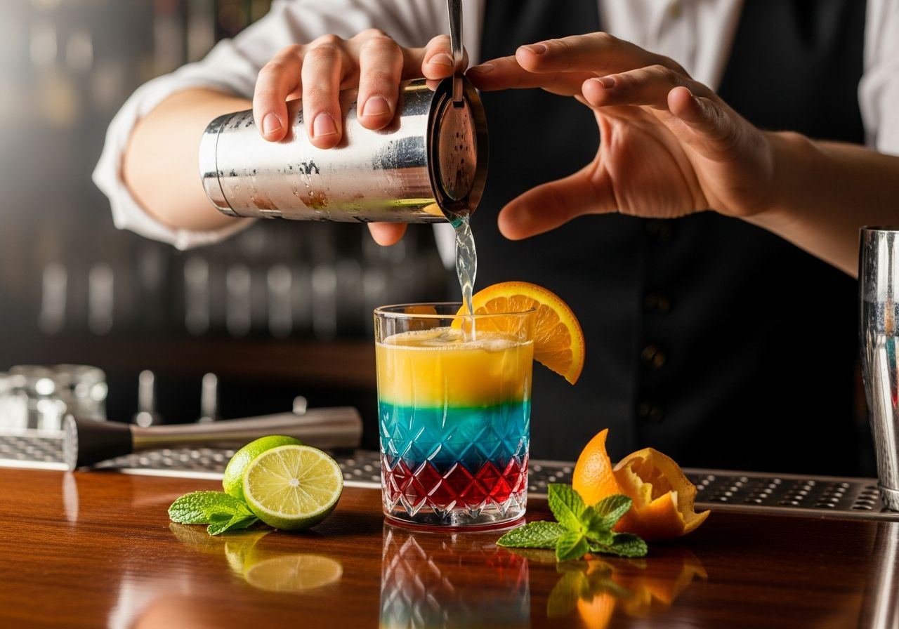 Profesjonalny barman nalewa kolorowy koktajl do kryształowej szklanki na barze z owocami i ziołami