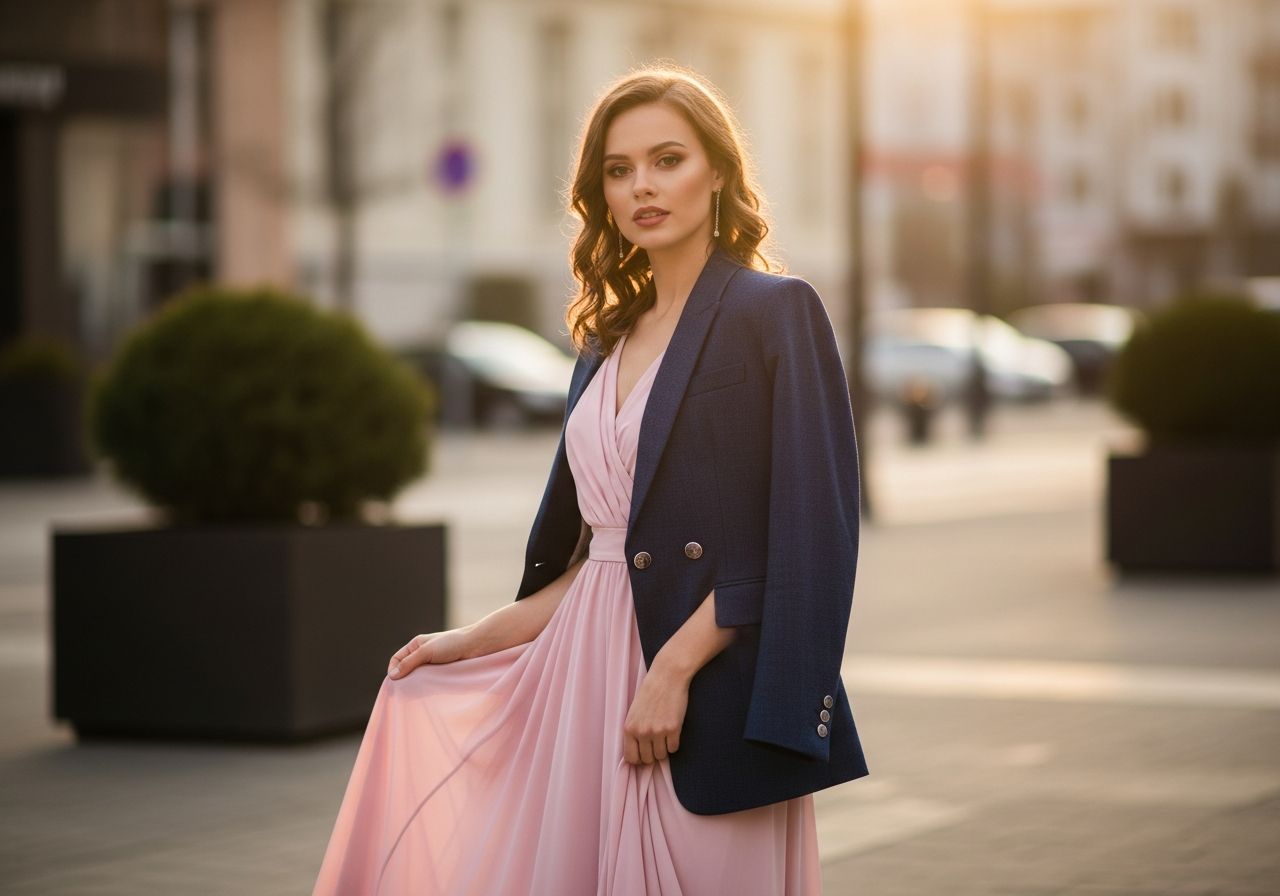 Młoda kobieta w różowej sukience i granatowej marynarce na miejskim tle przy złotej godzinie