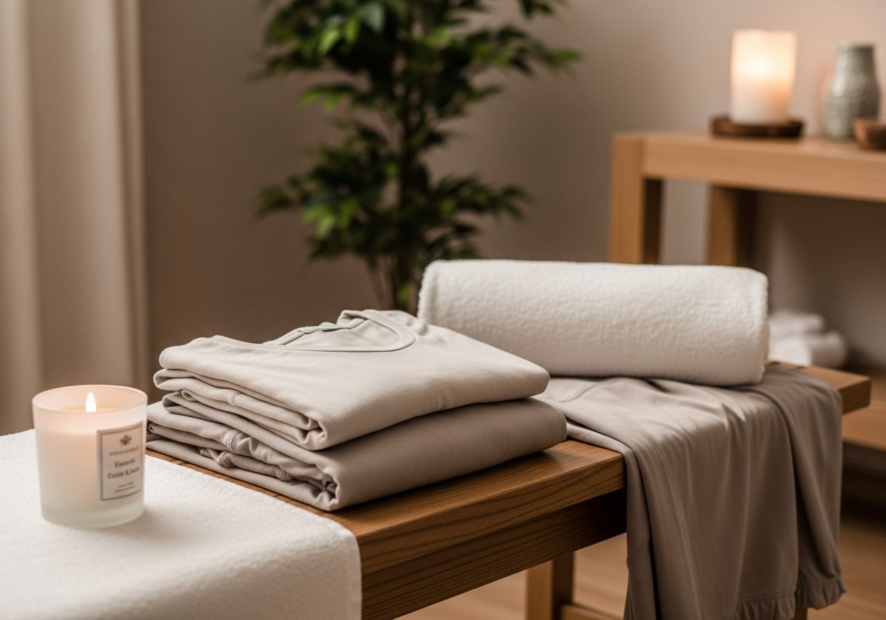 Przytulny pokój do masażu z odzieżą i ręcznikiem na drewnianej ławce oraz rośliną w tle