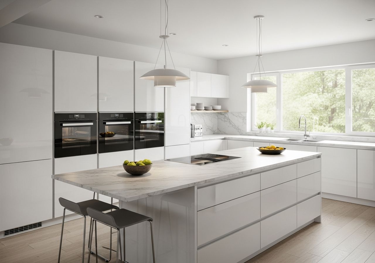 Nowoczesna kuchnia z jasnymi szafkami, dużą wyspą, wbudowanymi sprzętami i dużymi oknami z widokiem na zieleń
