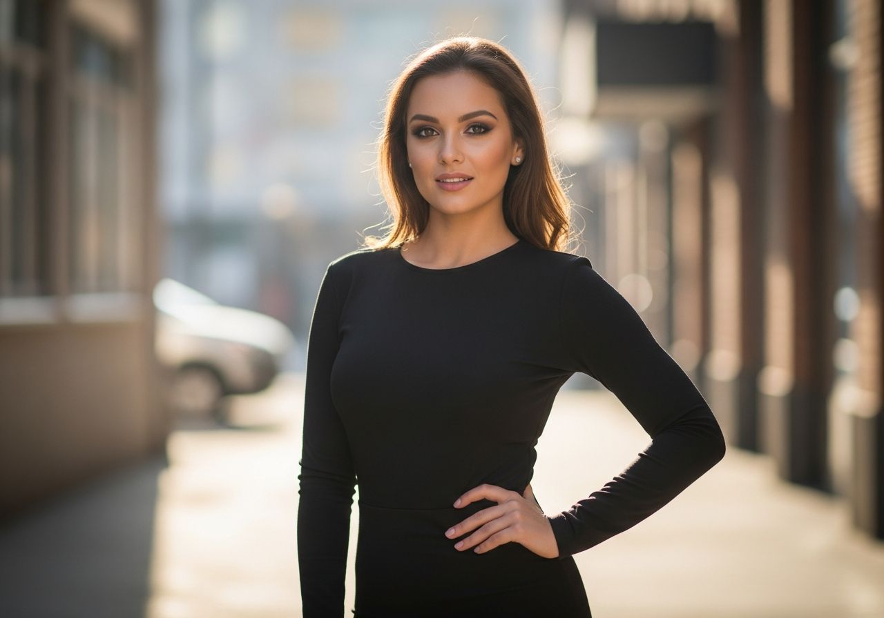 Młoda kobieta w eleganckim stroju stoi pewnie na tle rozmytego, miejskiego krajobrazu.