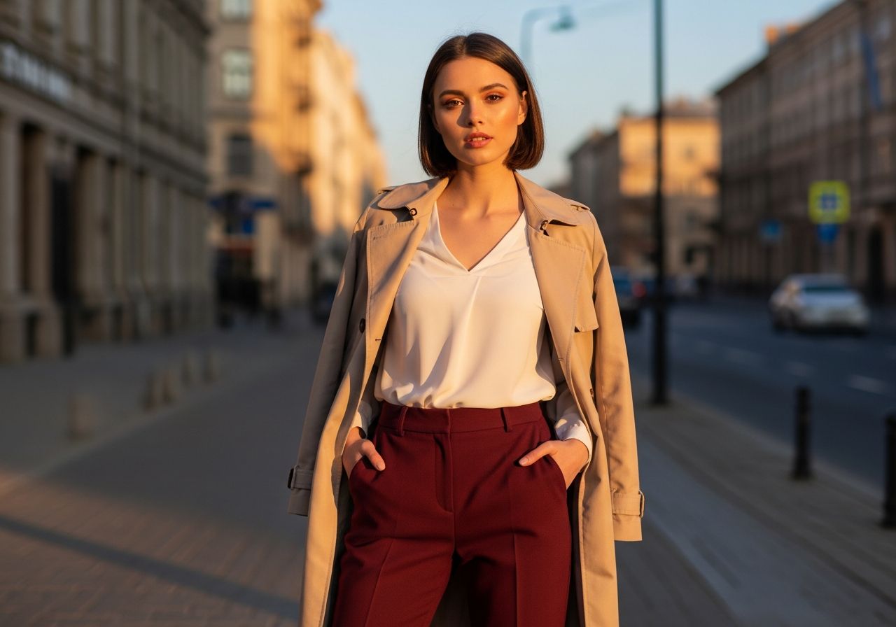 Młoda kobieta w bordowych spodniach, białej bluzce i beżowym płaszczu na tle miejskiej ulicy o zachodzie słońca