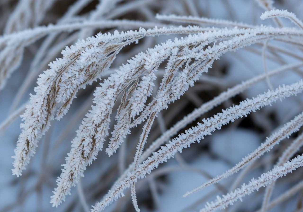 Ozdobne trawy pokryte szronem i śniegiem w zimowym ogrodzie oświetlone porannym światłem