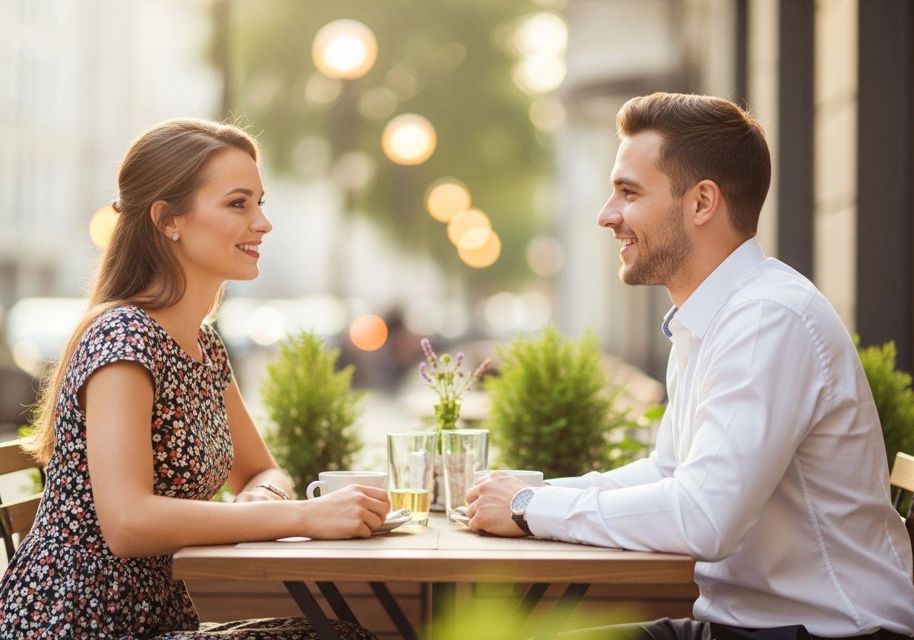Młoda para na pierwszej randce przy stoliku na zewnątrz, uśmiechnięci, rozmawiający, miejski klimat.
