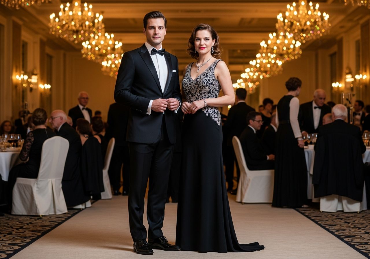 Elegancko ubrany mężczyzna w smokingu i kobieta w wieczorowej sukni na formalnym bankiecie.