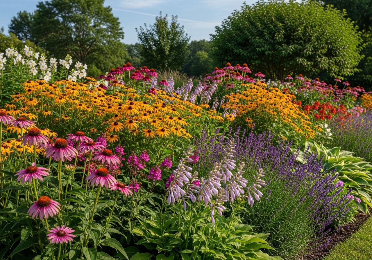 Kolorowy kwietnik bylinowy z jeżówkami, rudbekiami, hostami i lawendą na tle zieleni i nieba