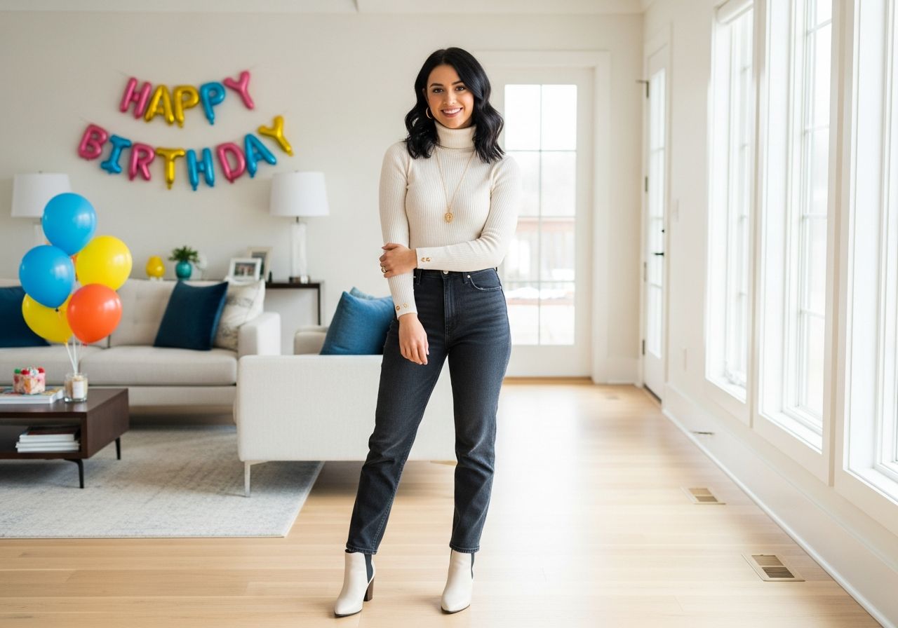 Młoda kobieta w eleganckim stroju stoi w nowoczesnym salonie z balonami i dekoracjami urodzinowymi