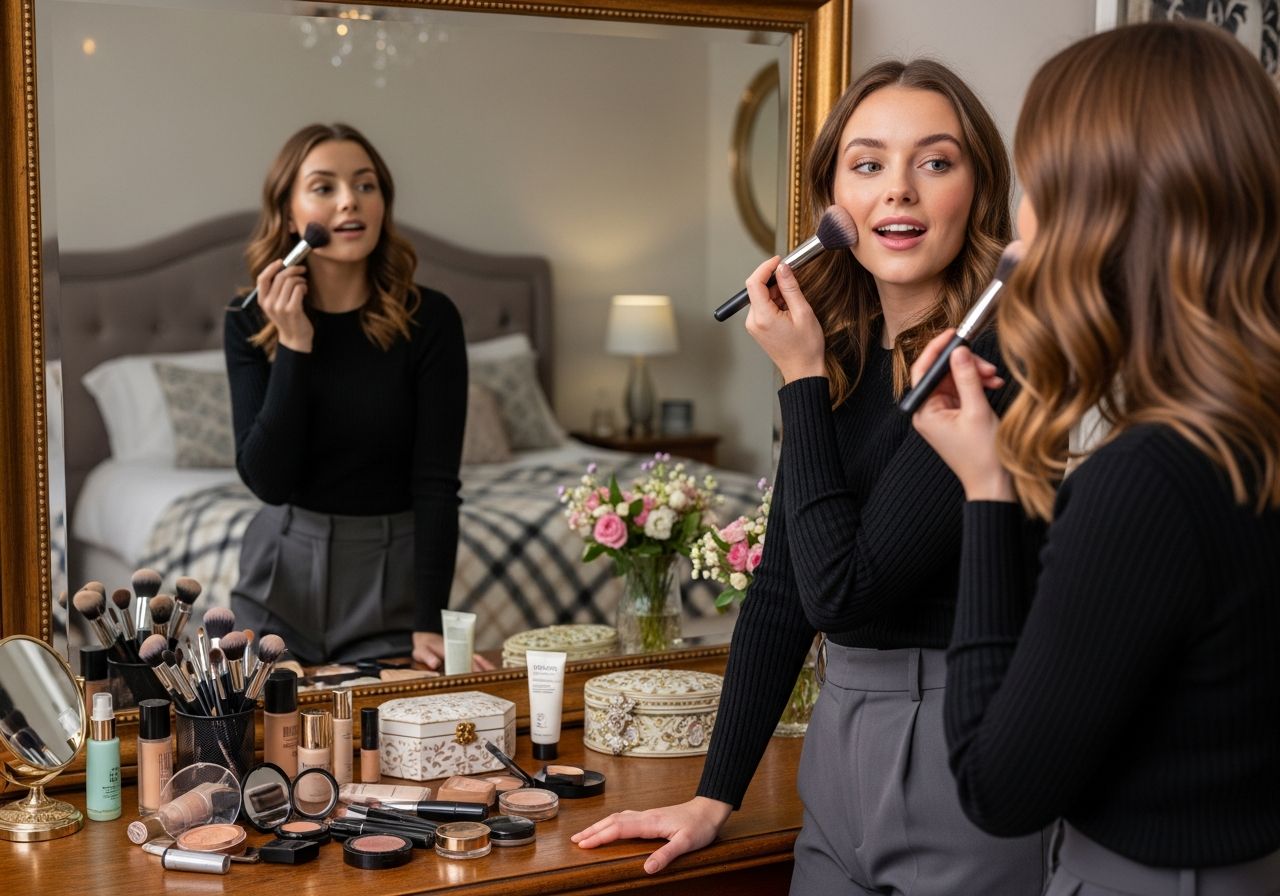 Młoda kobieta nakłada makijaż przy toaletce w sypialni, stojąc przed dużym lustrem.