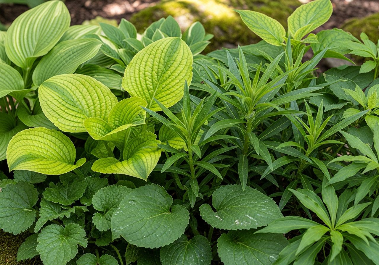 Zbliżenie zróżnicowanych liści zielonych bylin w naturalnym ogrodzie o gęstej, wiecznie zielonej roślinności