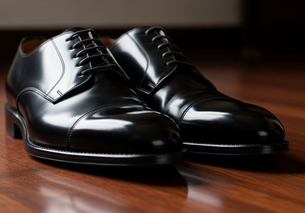 Eleganckie czarne skórzane buty na ciemnej podłodze w naturalnym świetle, tło rozmyte w spokojnej atmosferze