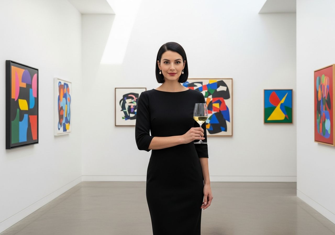 Młoda kobieta w czarnej sukience z kieliszkiem wina w nowoczesnej galerii sztuki z abstrakcyjnymi obrazami