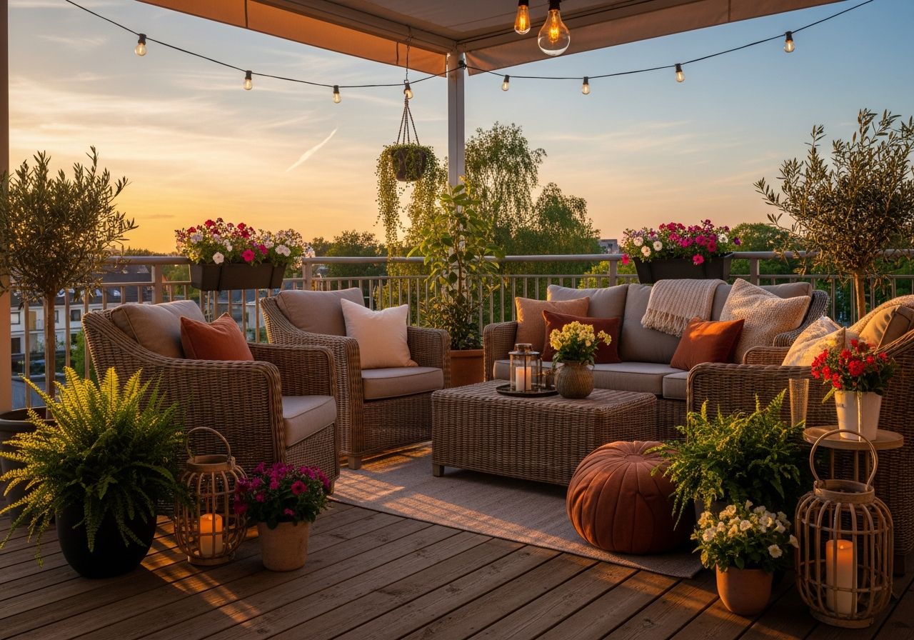 Taras z wiklinowymi meblami, poduszkami, roślinami i ciepłym oświetleniem o zmierzchu.