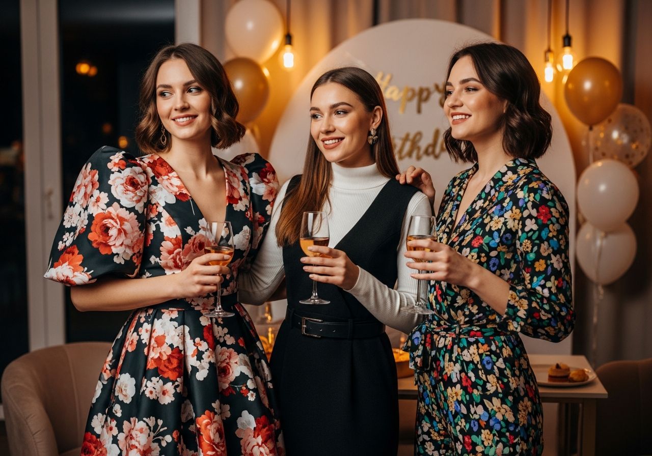 Trzy młode kobiety na przyjęciu urodzinowym trzymające napoje w nowocześnie udekorowanym wnętrzu