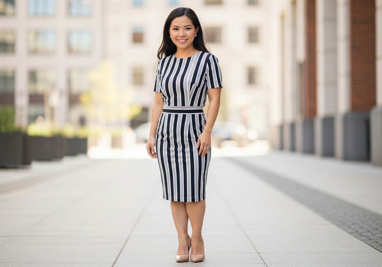 Kobieta w sukience w pionowe paski i beżowych szpilkach na tle rozmytej miejskiej sceny.