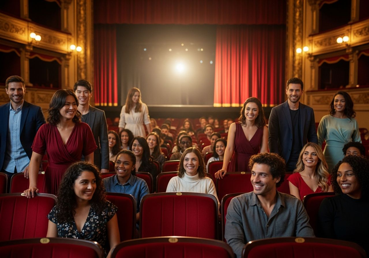 Wnętrze teatru z czerwonymi fotelami, różnorodną publicznością i sceną w ciepłym świetle.