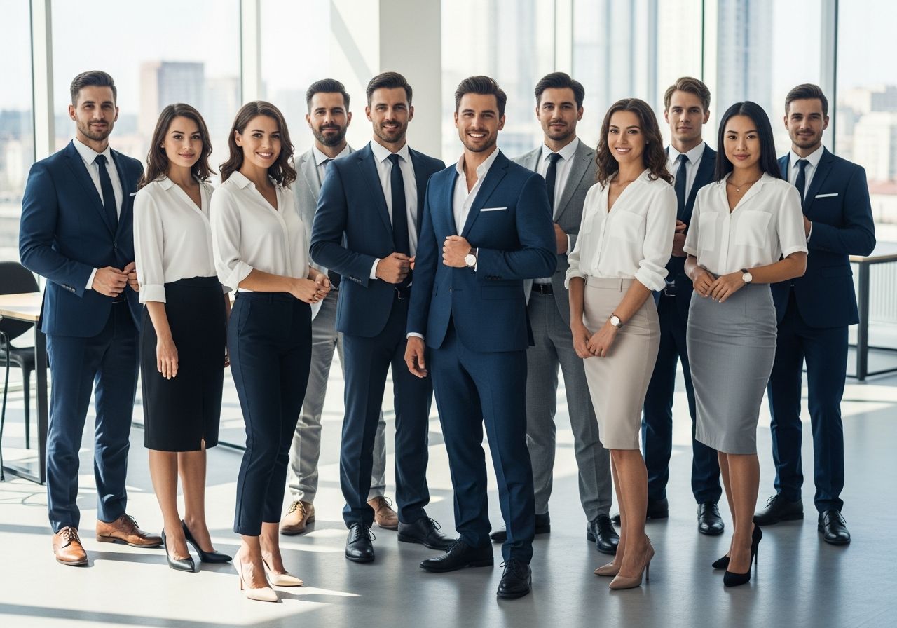 grupa profesjonalistów w nowoczesnym biurze ubranych w eleganckie stroje biznesowe, uśmiechnięci