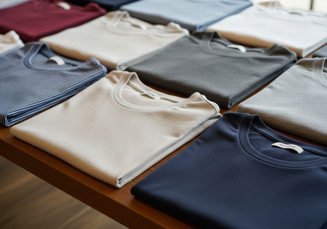 Zbliżenie na różnorodne koszulki z różnych tkanin ułożone na drewnianym stole w naturalnym świetle